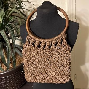 Vintage Boho Brown Macrame Wood Hoop Shoulder Bag Purse